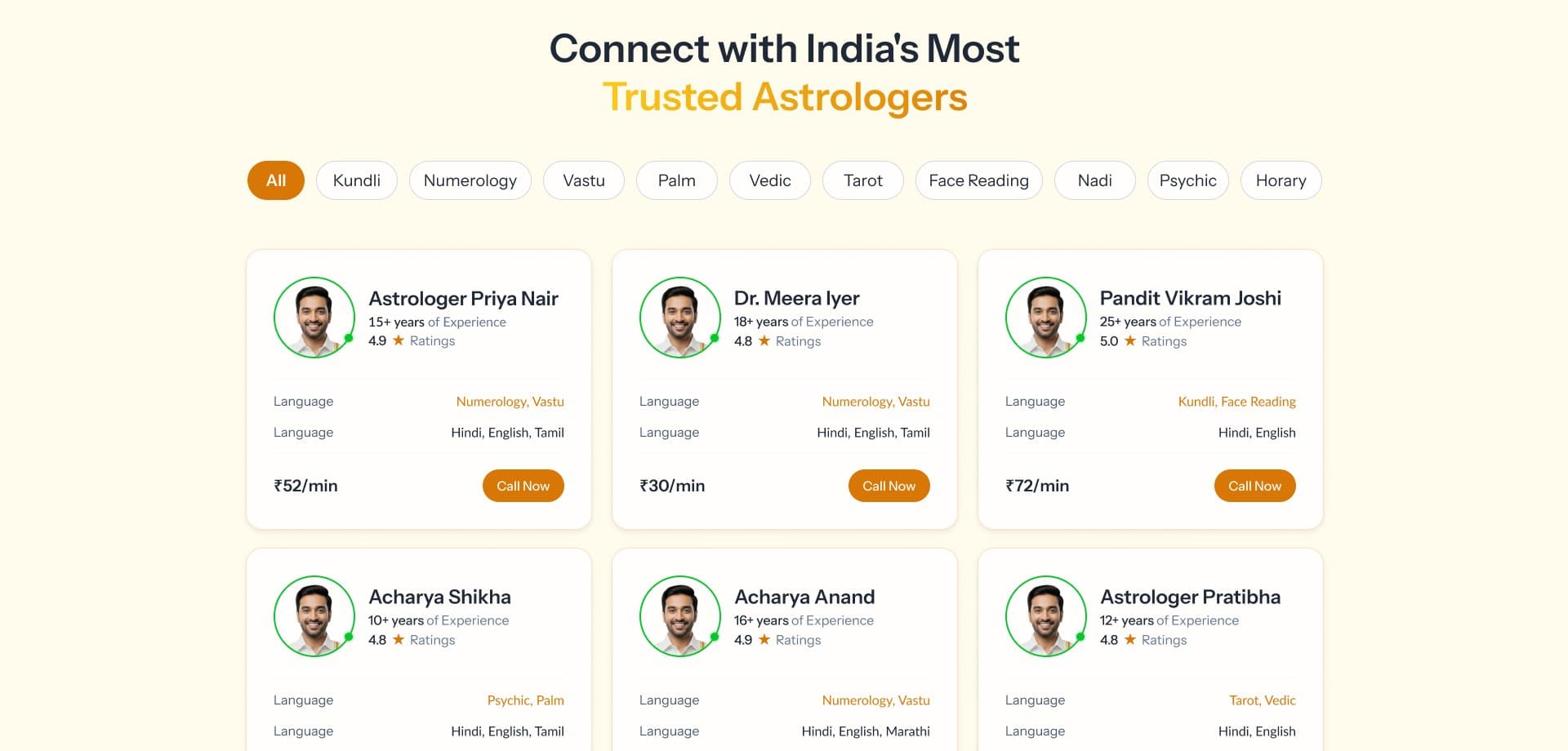 Astrologer directory with practice filter chips and profile cards
