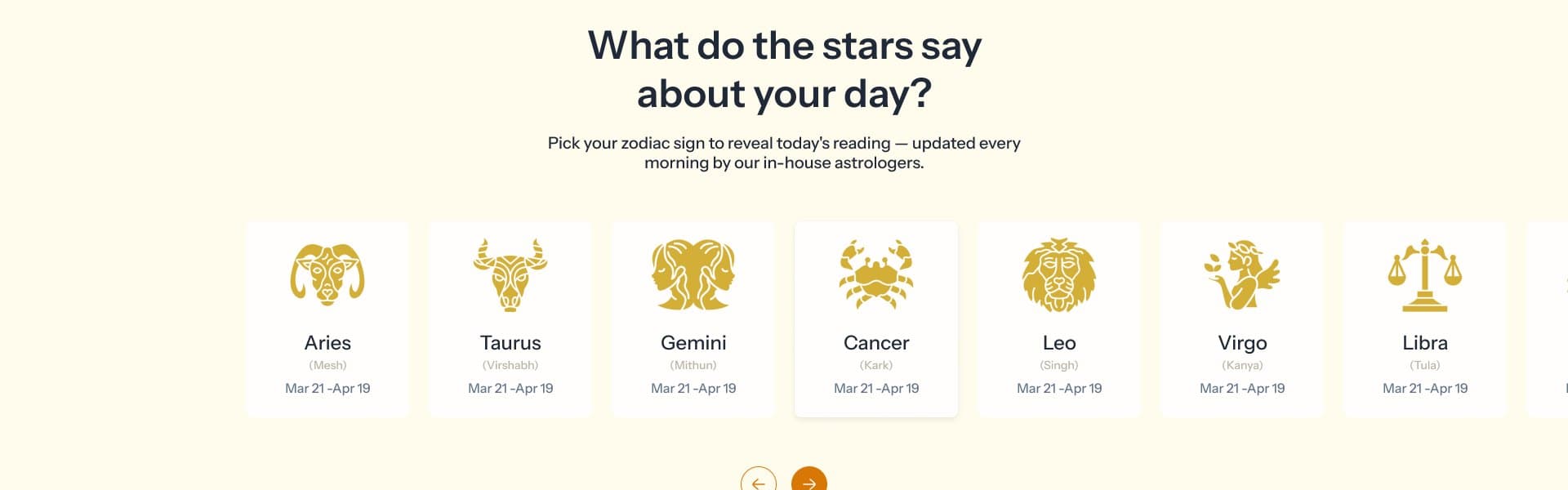 Zodiac sign picker with English and Hindi names