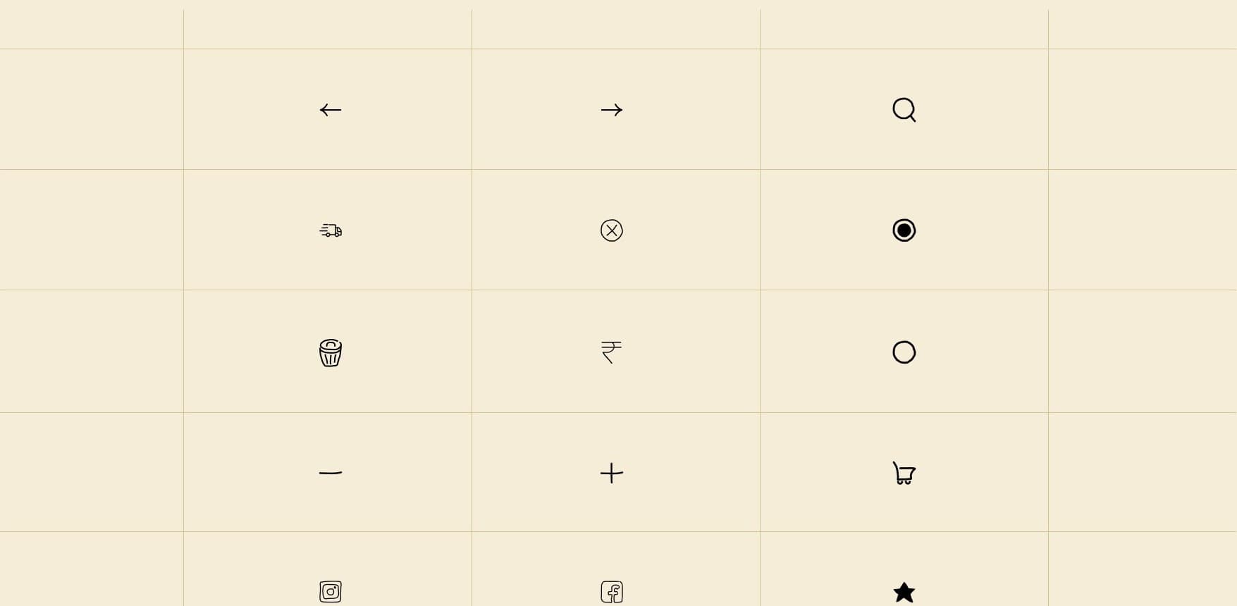 Grid of hand-drawn interface icons — arrows, search, delivery, cart, rupee