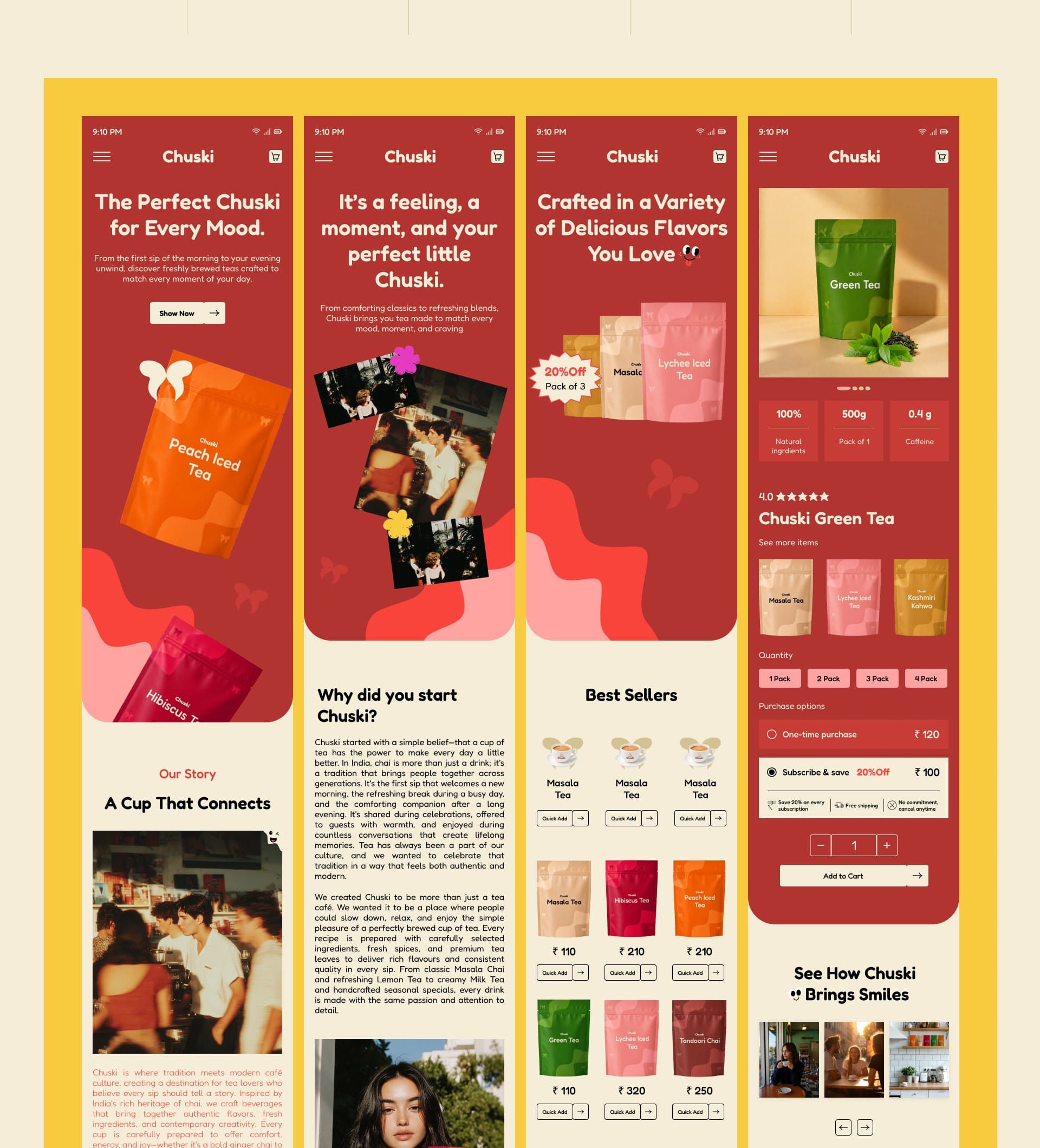 Chuski mobile screens — hero, story, flavours and product detail