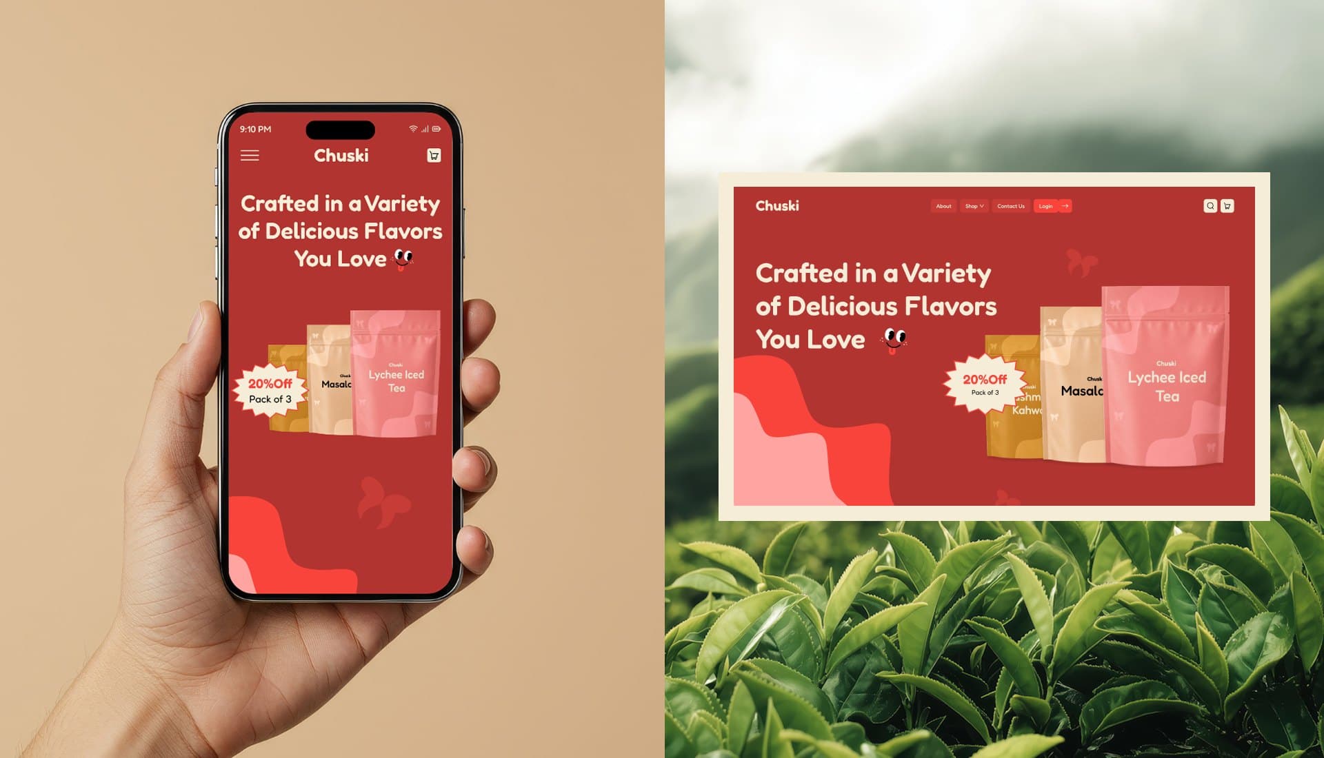 The Chuski storefront on a phone and on desktop, showing the flavours hero