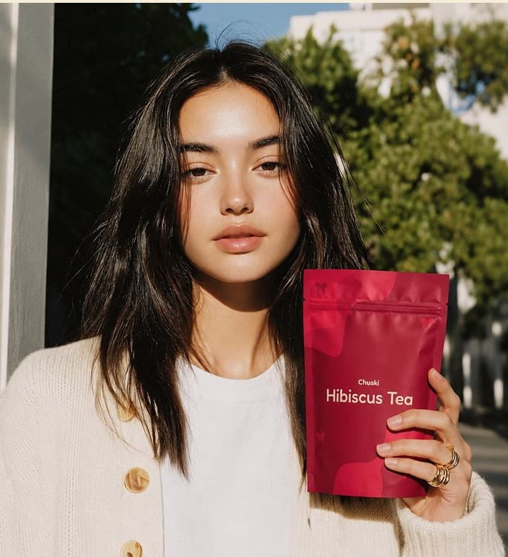 A person holding a Chuski Hibiscus Tea packet in daylight